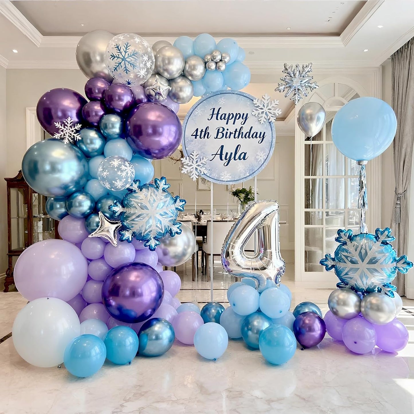 Bezente Frozen Balloons Kit, 60pcs 12 inch Blue Purple Latex Balloons Metallic Silver Helium Balloons for Girls Birthday Wedding Baby Bridal Shower Wonderland Winter Ice Snow Theme Party Decorations
