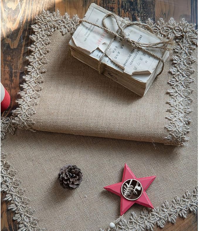 Natural Jute Table Runner, Burlap Style Table Runner, Rustic Farmhouse Table Runner Vintage for Wedding, Party Table Decorations, Boho Décor Jute White Lace Edge Placemat Set of 4 (30x50cm) TAB28