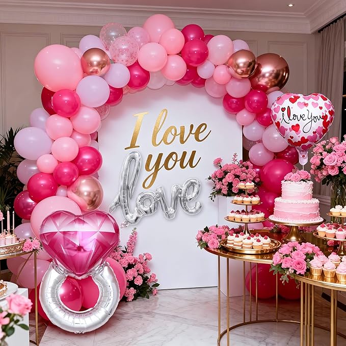 Valentines Day Balloon Arch Kit, Pink Rose Red Rose Gold Balloon Garland & I LOVE YOU/Love/Diamond Ring Foil Balloons for Galentines Mothers Day Wedding Engagement Anniversary Party Decorations