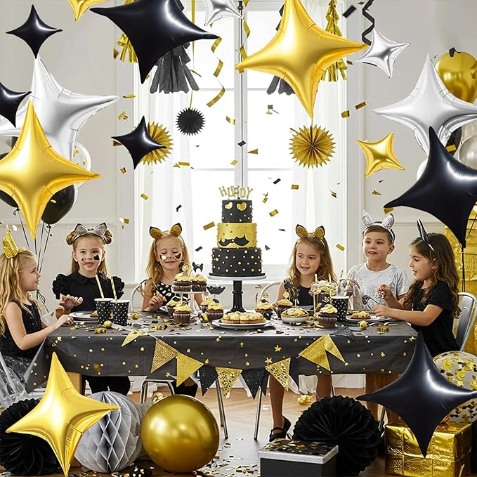 TONIFUL 30Pcs 26In&10In Star Balloons Gold Silver Black Four Pointed Foil Mini Star Mylar Balloons for Birthday Wedding Baby Shower Anniversary Engagement Party Decor Supplies