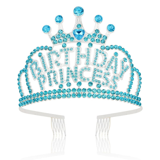 Wecoe Birthday Crown Blue Princess Rhinestone Tiara with Combs Happy Birthday Party Favors Pink Decorations 16th 18th 21st 25th Gifts for Her