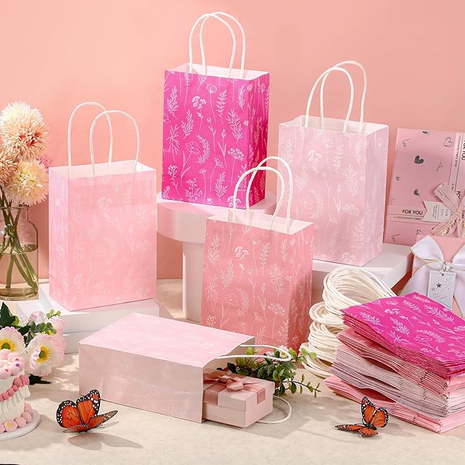 Kolldenn 50 Pcs Pink Wildflower Gift Bags with Handles Paper Floral Goodie Welcome Bag for Wedding Guest Baby Shower Bridal Birthday Party Favor, 5.91 x 3.15 x 8.27 Inches