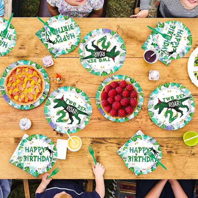 Grencian 96PCS Dinosaur 2nd Happy Birthday Party Supplies 2nd Dinosaur Plates and Napkins Forks Disposable Tableware Set for 2 Years Old Boy Birthday Party Decorations Serves 24