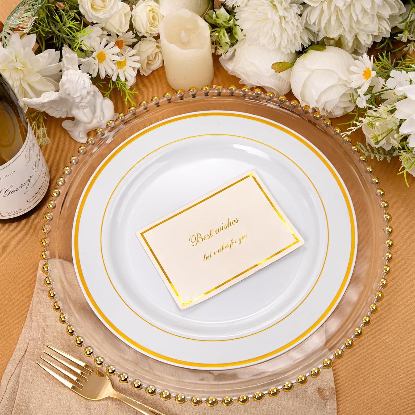 bUCLA 100Pieces Gold Plastic Dinner Plates - 10.25inch White and Gold Plates Disposable for Party - Ideal for Wedding, Thanksgiving & Daily Use