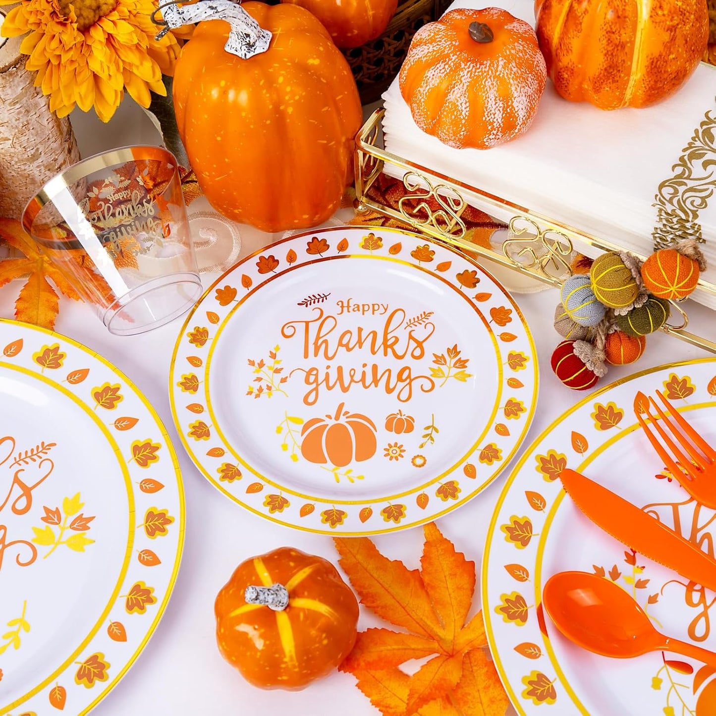 Supernal 175pcs Thanksgiving Dinnerware Set Gold Plastic Dinnerware Set Include Disposable Utensils,Gold Plastic Cups and Napkin,Disposable Dinner Plate and Dessert Plste Set for Thanksgiving