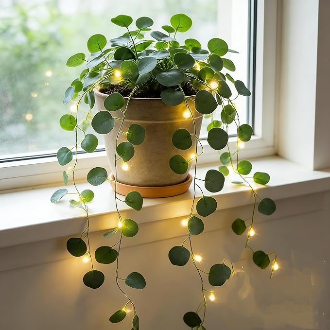 Artificial Eucalyptus Leaves Foliage String Lights 6.6Ft 20 LED Fairy Leaf Lights Warm White Greenery Vines Garland and Table Runner, Battery Operated Wedding Backdrop Wall Decor