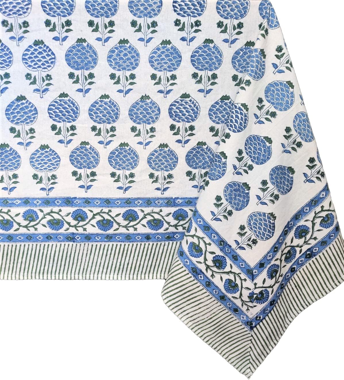 ATOSII Roma Blue 100% Cotton Rectangle Fall Tablecloth, Handblock Floral Print Linen Table Cloth for Kitchen Dining I Parties Outdoors Weddings Holidays I 72 X 140 Inches I 12 Seater