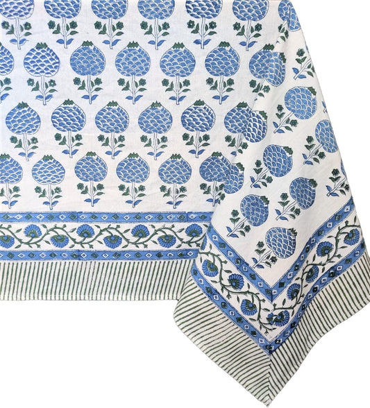 ATOSII Roma Blue 100% Cotton Boho Rectangle Fall Tablecloth, Handblock Floral Print Table Cloth Linen for Kitchen Dining I Parties Outdoors Weddings Holidays I Decor 72 X 108 Inches I 8 Seater