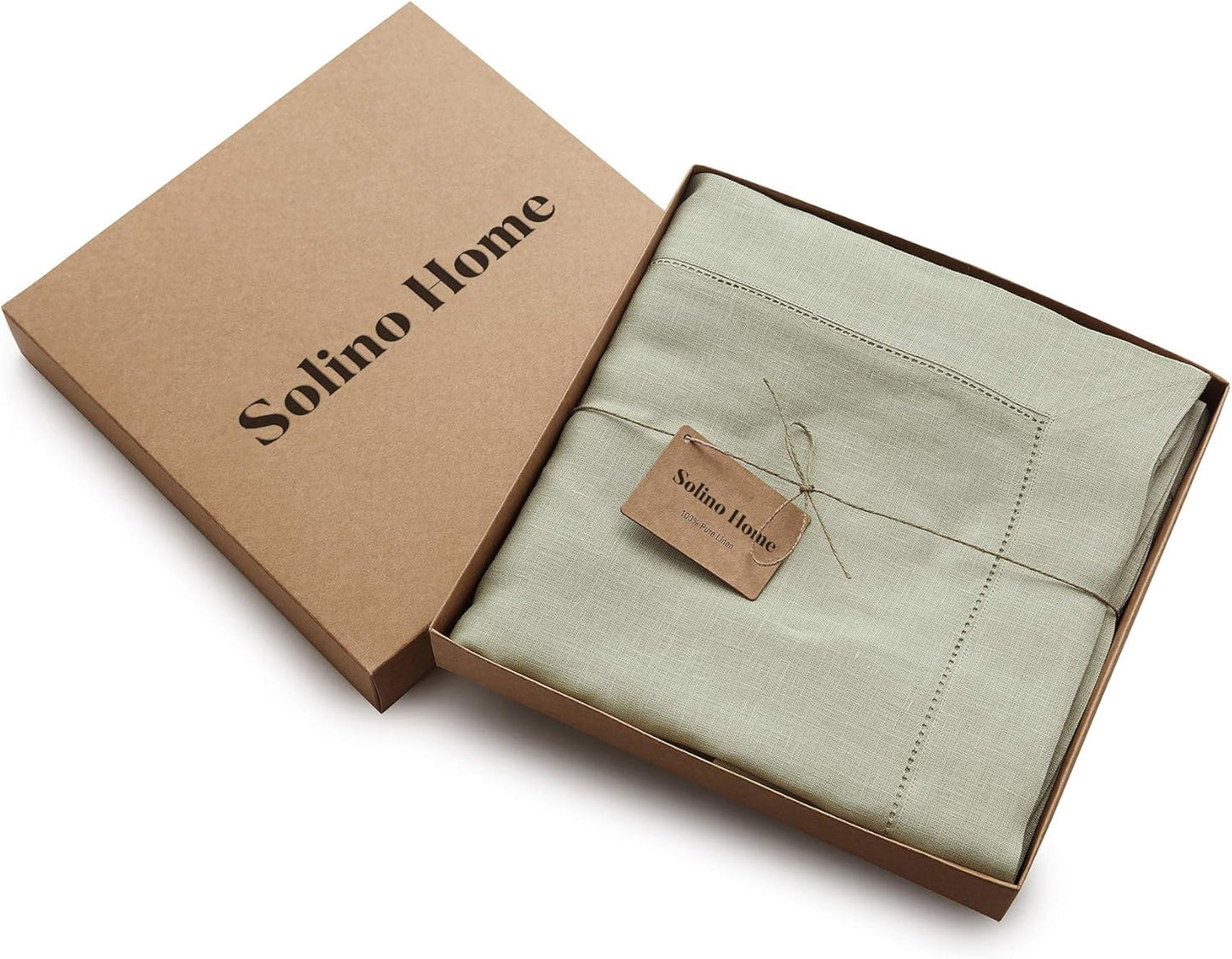 Solino Home Linen Tablecloth for Rectangle Tables 60 x 90 Inch - Classic Hemstitch 100% Pure Linen Sage Green Table Cloth - Machine Washable Cloth Tablecloth for Fall, Autumn, Thanksgiving, Christmas