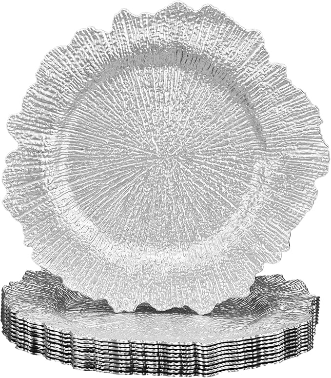 uxcell 10pcs Reef Charger Plates Bulk, 13 Inch Plastic Floral Charger Plates, Round Plate Chargers for Dinner Wedding Party Event Table Setting Decoration Silver