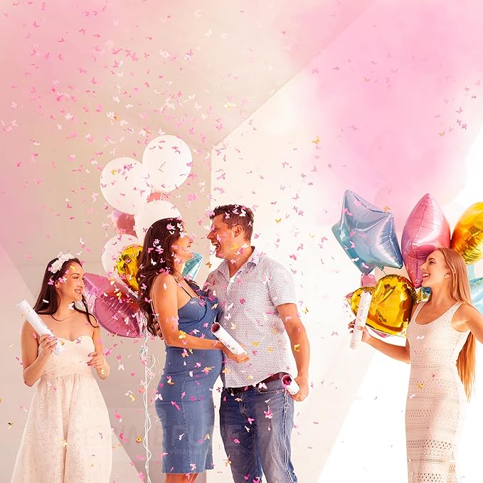 PrimePure Gender Reveal Confetti Cannon - Butterfly Confetti Popper & Biodegradable Powder Cannon - Pink, 4 Pack - Baby Girl Gender Reveal Smoke Bombs Baby Powder Pink Paper Party Poppers
