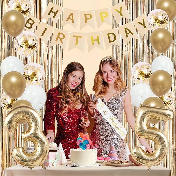 Trgowaul 35th Birthday Decorations for Women, Banner, Sash and Crown, Cake Topper, 35 Number Balloon, Fringe Curtains, Champagne Gold 35th Birthday Party Supplies