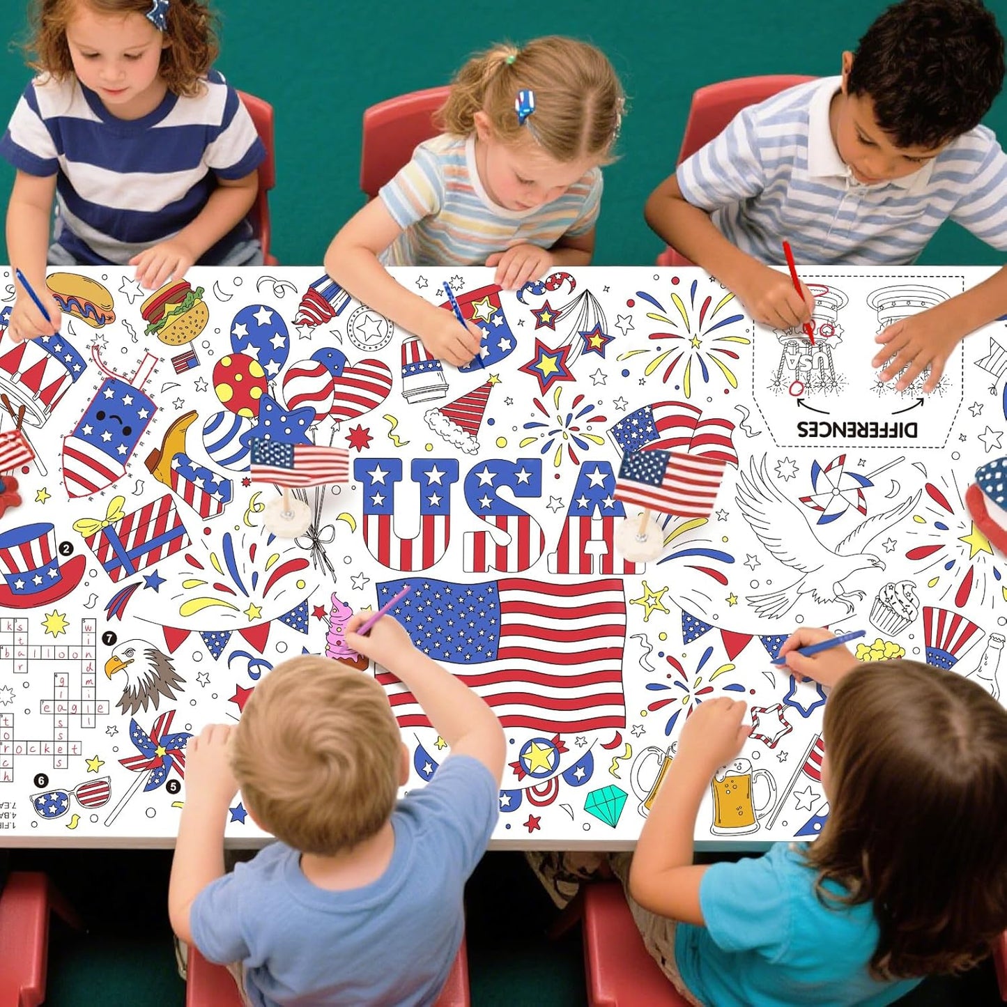 Gatherfun 4th of July Patriotic Coloring Tablecloth 31.5x72 - American Flag-Themed Giant Poster for Independence Day Decor & Activities for Classroom or School Party Table Cover