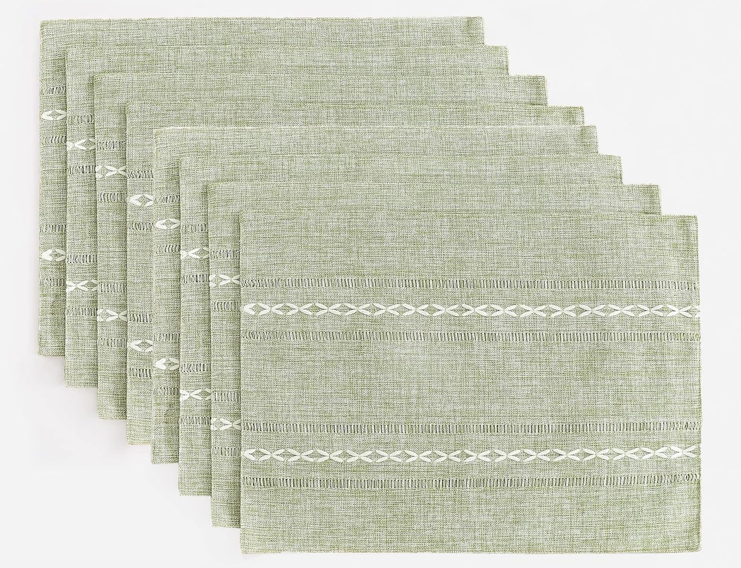 Wracra Cotton Linen Placemats, 14 x 19 Inch Set of 8 Placemats Rustic Hemstitch Place Mats for Kitchen Table and Heat Resistant-Hemstitch Sage Green