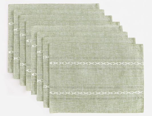 Wracra Cotton Linen Placemats, 14 x 19 Inch Set of 8 Placemats Rustic Hemstitch Place Mats for Kitchen Table and Heat Resistant-Hemstitch Sage Green