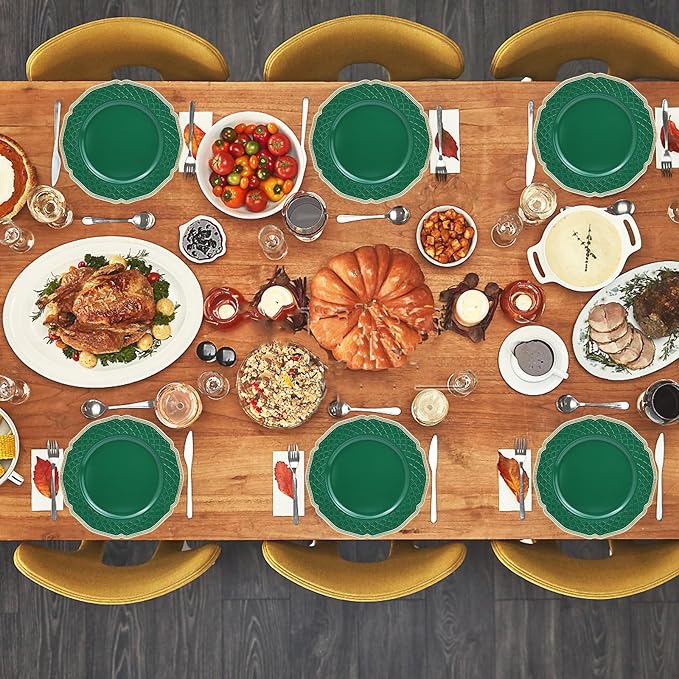 Green Scallop Charger Plates, Set of 6 Plastic Wedding Bulk Plate Charges for Dinner Plates, Table Decoration, Holiday, Thanksgiving, Christmas.