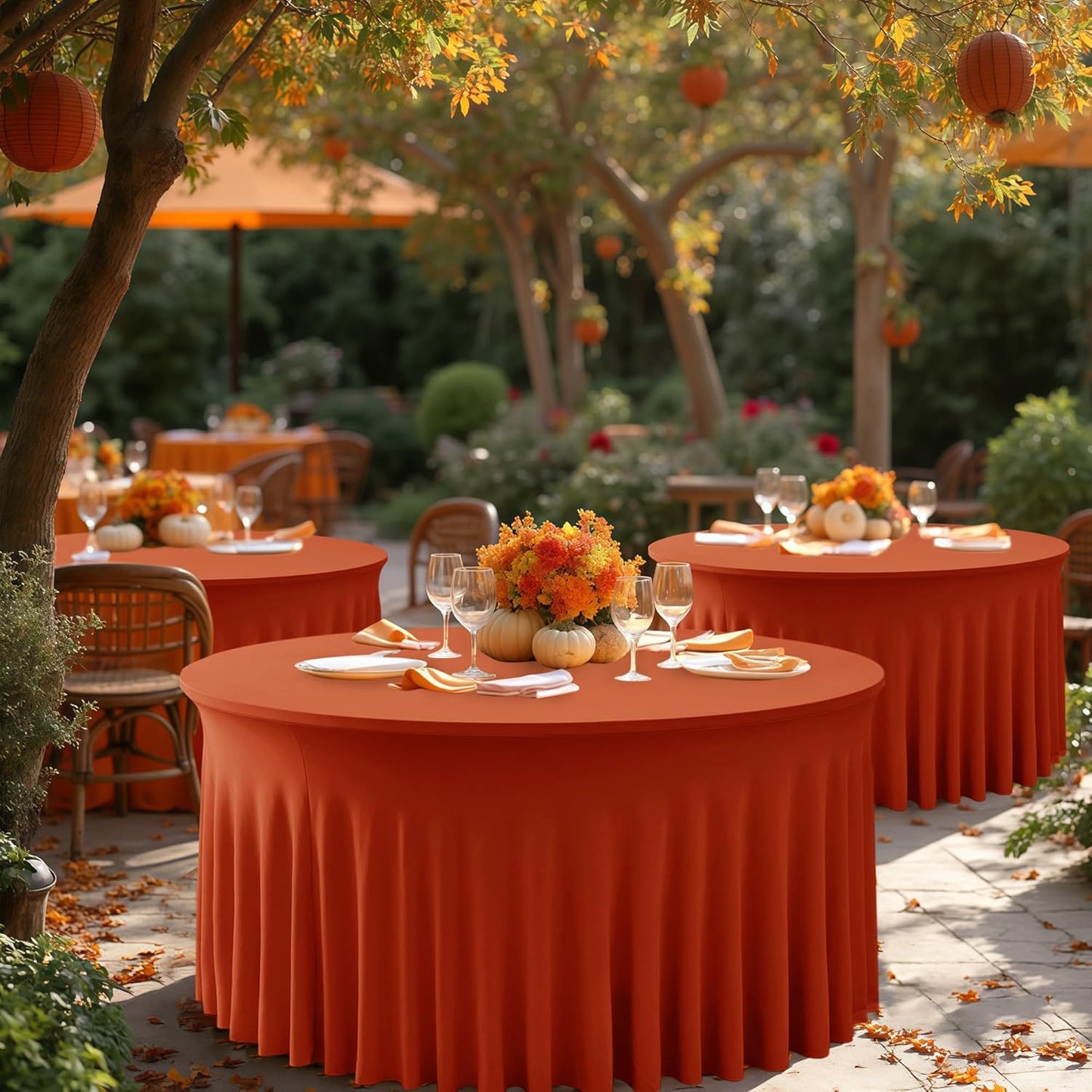 HolidayIdeas 6 Pack Spandex Table Skirts for 60 Inch Round Table, Fitted Stretch Ruffle Cover for Wedding Receptions, Holiday Parties, Rust
