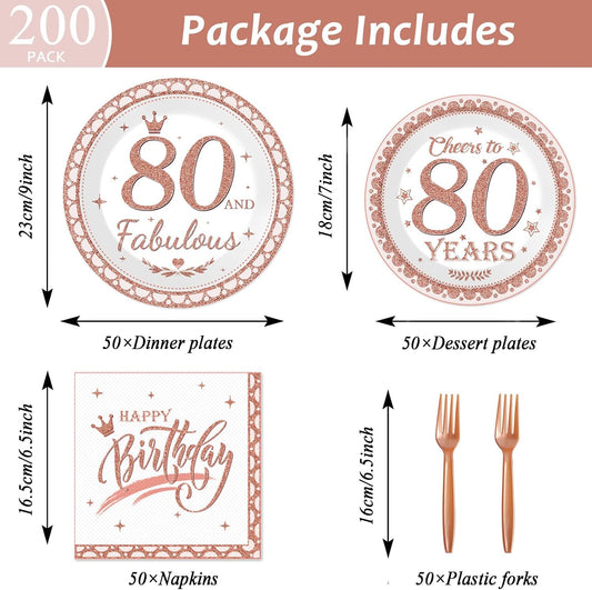 50 Guests 80th Birthday Plates and Napkins 80th Birthday Decorations for Women Rose Gold Happy Birthday Party Fabulous Tableware Set Cheers To 80 Years Party Supplies Table Decors for Girl 200PCS