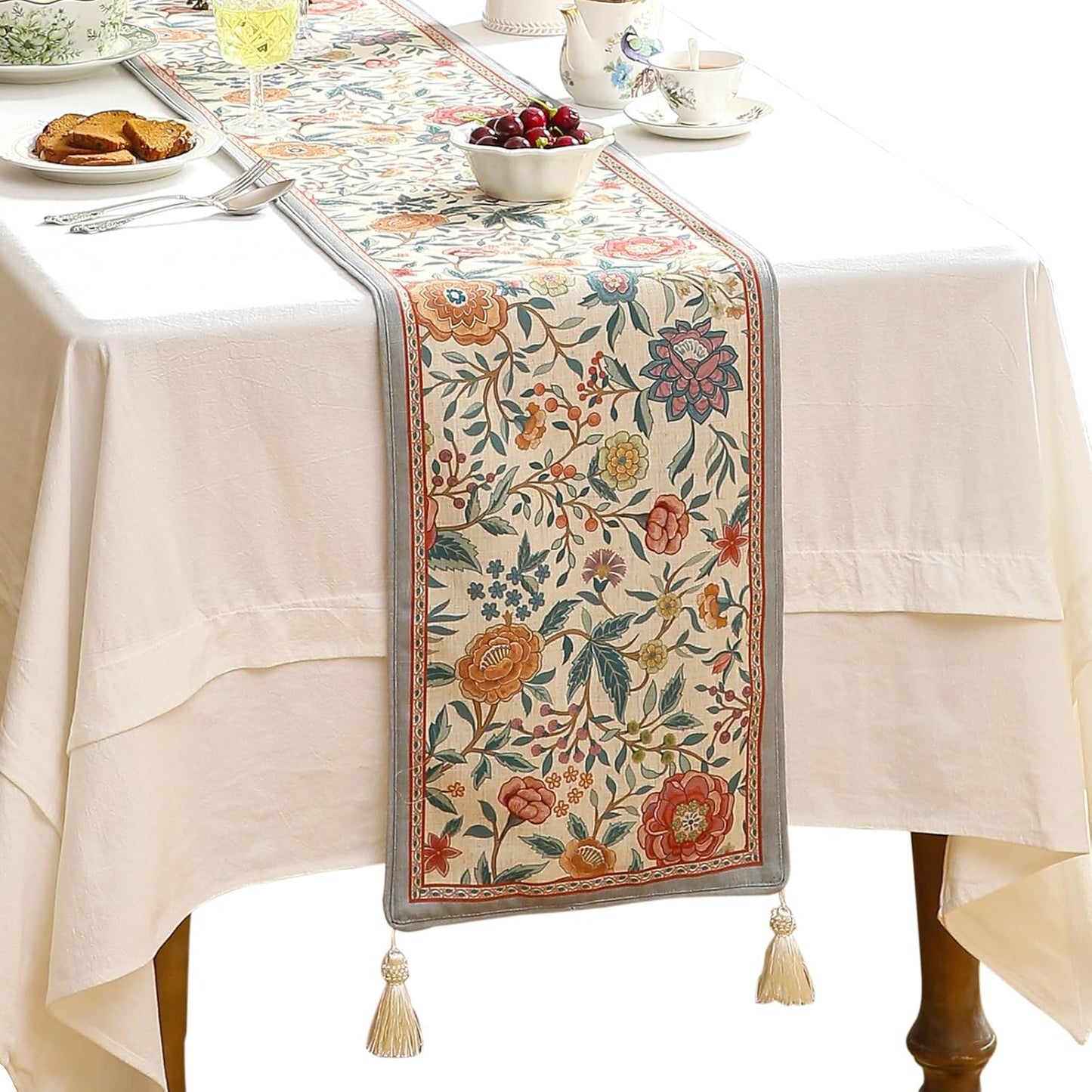 bilingaier Floral Cloth Small Runner for Table,Decorative Linen 102 Inches Long Table Runners,Farmhouse Decor Tabletop for Kitchen,Dining,Party,Home,Christmas,12"*102"
