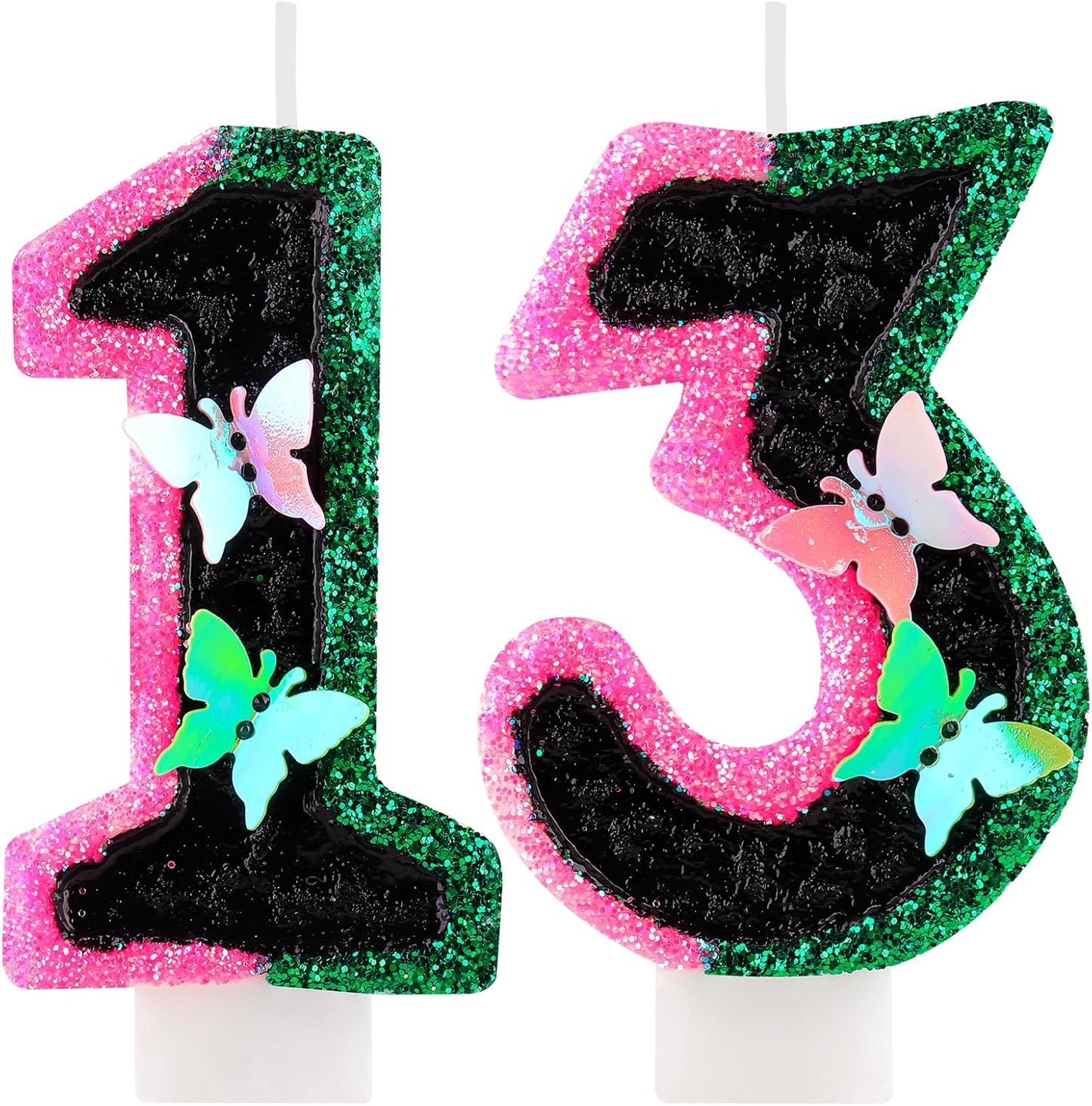 Birthday Number 13 Candles Pink Black and Green Butterfly Birthday Candles for Glitter Cake Topper with Sequins Decorations Girls Women Witch Theme Anniversary Celebrations Supplies
