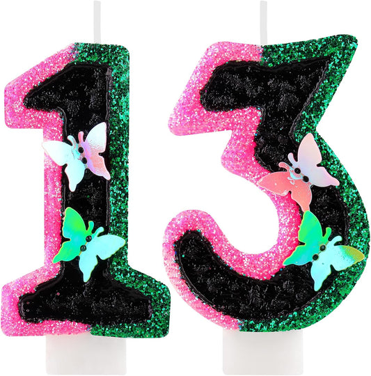 Birthday Number 13 Candles Pink Black and Green Butterfly Birthday Candles for Glitter Cake Topper with Sequins Decorations Girls Women Witch Theme Anniversary Celebrations Supplies