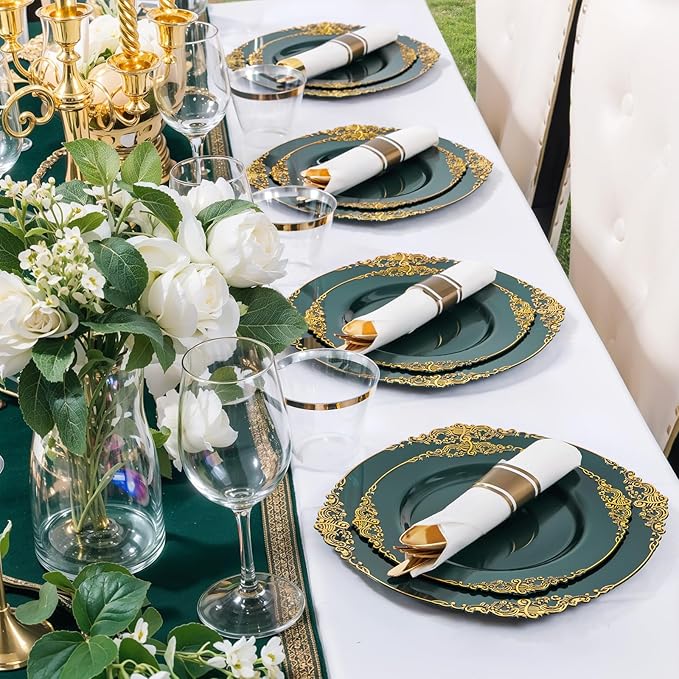 Nervure 175PCS Green Plastic Plates - Disposable Green Gold Party Plates & Pre Rolled Napkins with Cutlery for 25 Guests, 50Plates, 75Silverware, 25Cups, 25Napkin for Wedding & Party & St Patricks Day