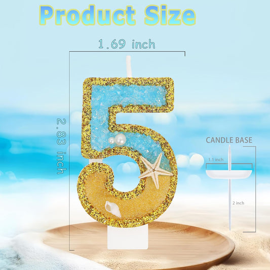 Ocean Number 5 Candle, Glitter Gold Beach Starfish Cake Topper, Tropical Ocean Princess Birthday Decorations for Party Supplies Wedding Anniversaries