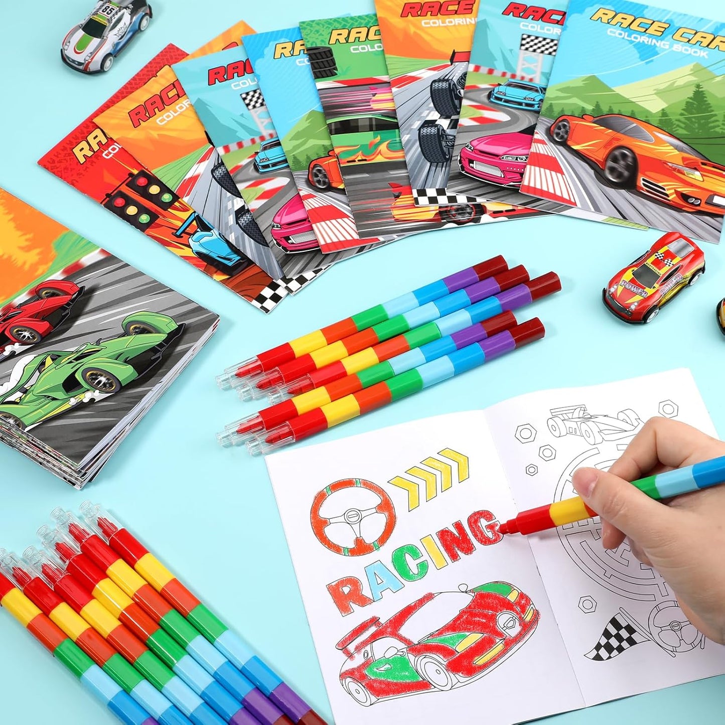 BenLouis 24 Pcs Race Car Mini Coloring Books Kids Racing Theme Party Favors Small Activity Books Bulk for Kids Fast Racecar Wheel Birthday Goodie Bags Stuffers Return Gifts Classroom Travel