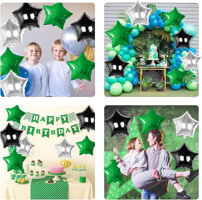 Green Black Silver Star Foil Balloons, 10PCS Foil Stars Shape Balloon, 18 Inch Metallic Pentagram Balloons Helium for Boys Men, Graduation, Baby Shower, Football Soccer Game Birthday Party Decoration