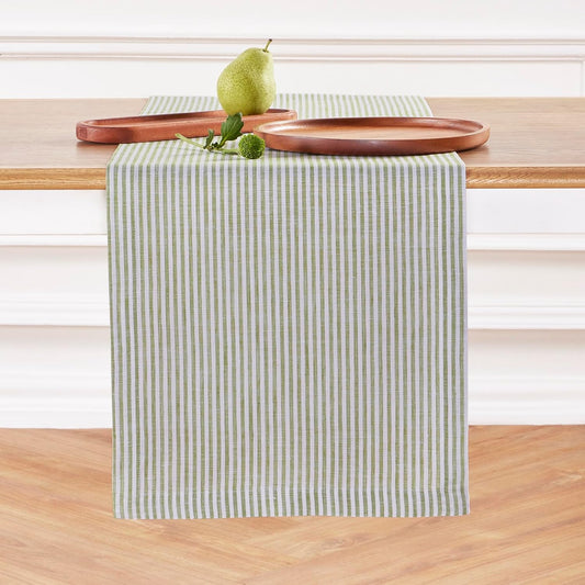 Solino Home Linen Table Runner 120 Inches Long - Narrow Stripe, 100% Pure Linen Avocado and White Table Runner 14 x 120 Inch for Dining, Fall, Autumn, Thanksgiving, Christmas
