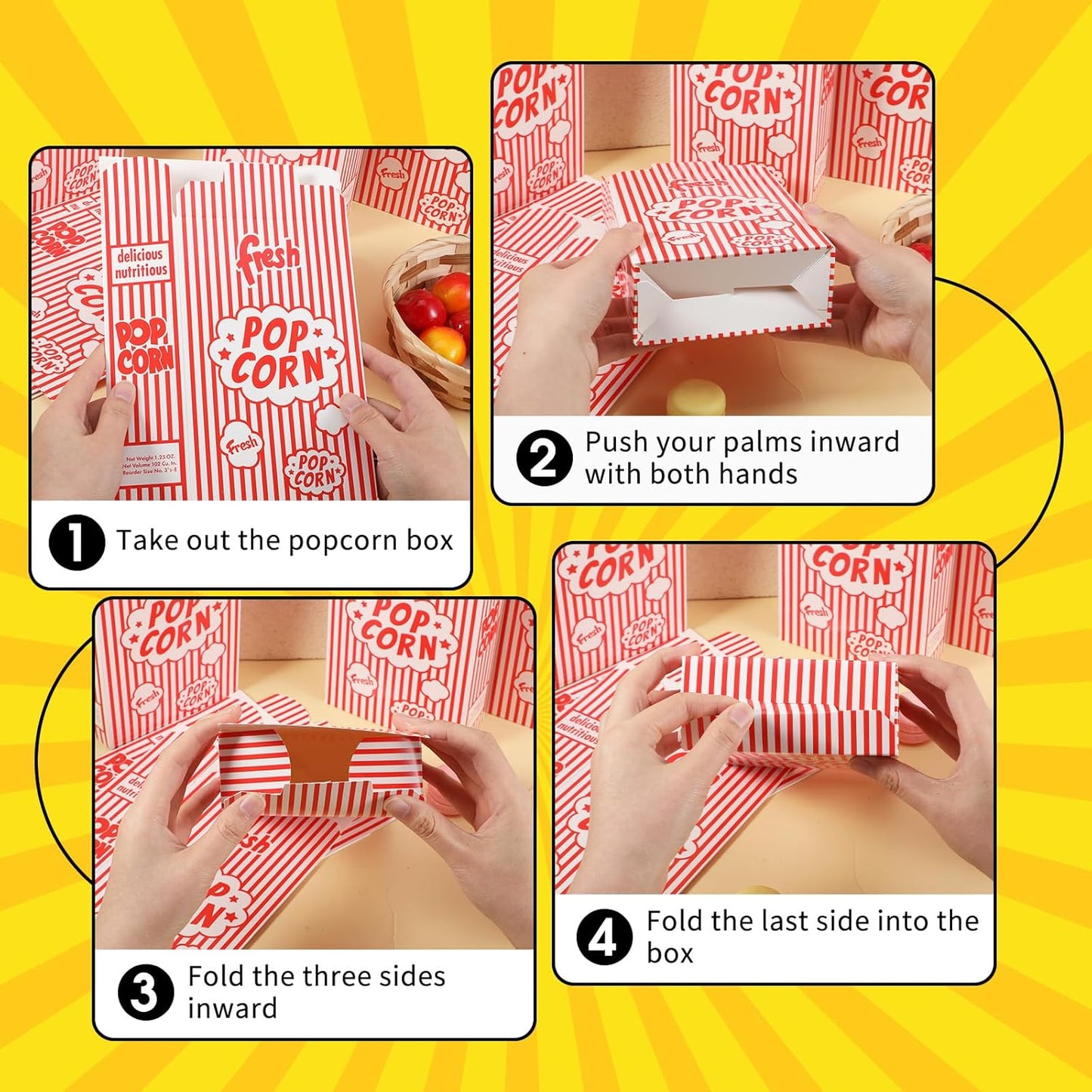 100 Pack Popcorn Containers, 1.25 oz Popcorn Boxes, Red and White Striped Close-Top Cardboard Pop Corners Bags Individual Servings for Party, Movie Night