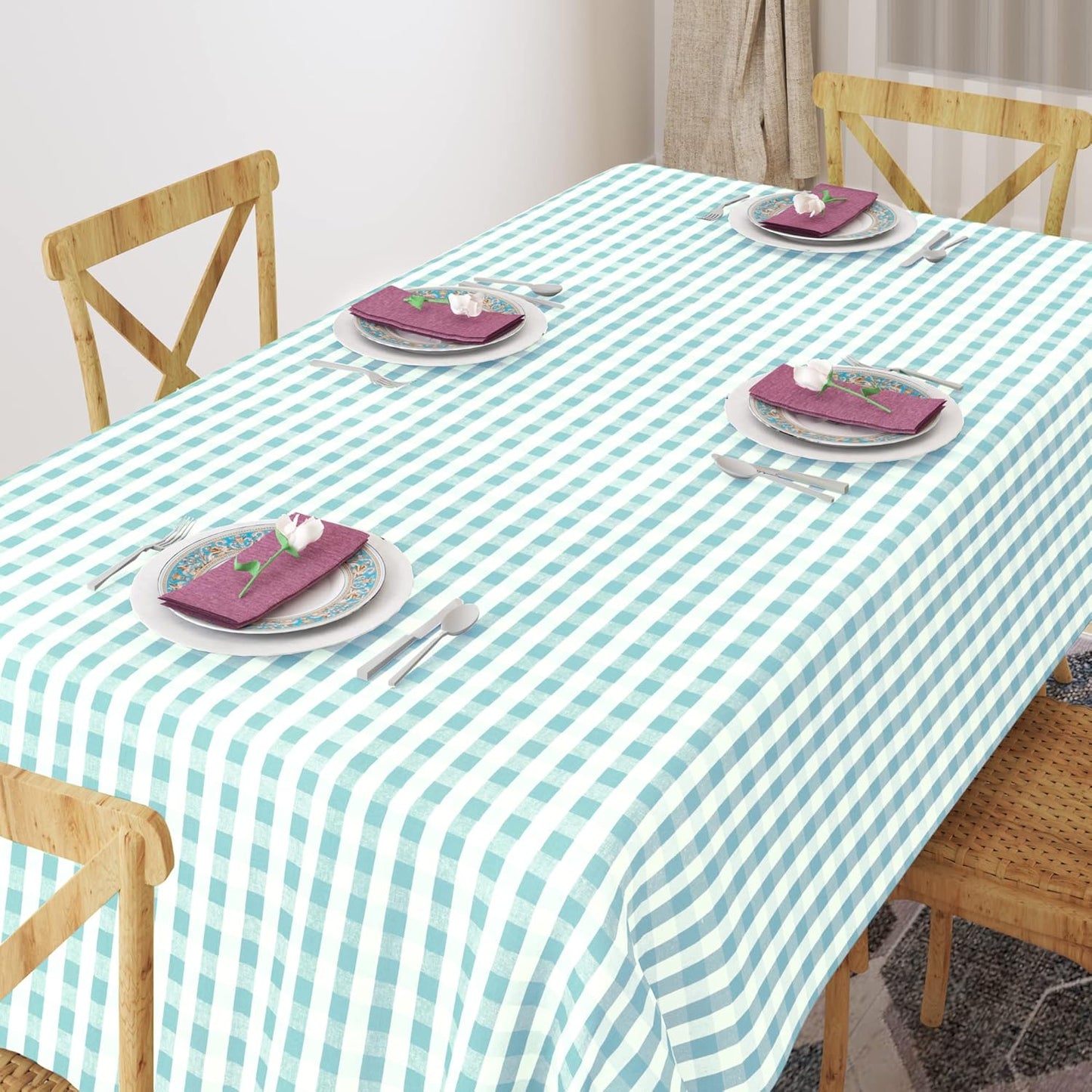 Urban Villa Tablecloth Buffalo Check Table Cloth Tabletop Cover Kitchen Dining Tablecloth 100%Cotton Great Parties Wedding Holiday Dinner Aqua/White Color Rectangle 60X102Inches 8-10 Seats Table Cloth