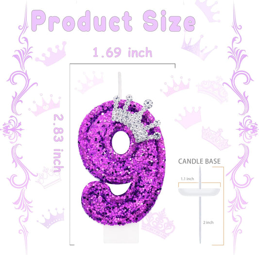 Purple Birthday Candle for Cake, Crown Purple Number Candles, 2.76 inch Cake Topper Decoration for Princess Birthday Party (Number 9)
