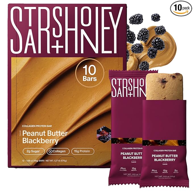 Stars + Honey Protein Bars - Peanut Butter Blackberry, 15g Protein, 2g Sugar, w/Collagen Keto Friendly Snack - Gluten, Dairy, Seed Oil, & Soy Free - High-Protein Snacks for Energy & Recovery -10 pack