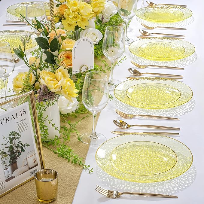 Rubtlamp 60Pcs Yellow Gold Plastic Plates, Yellow Disposable Plates With Gold Rim, Clear Heavy-duty Party Supplies, Hammered Plastic Plates Include 30 Dessert Platos, 30 Dinner Platos for Easter