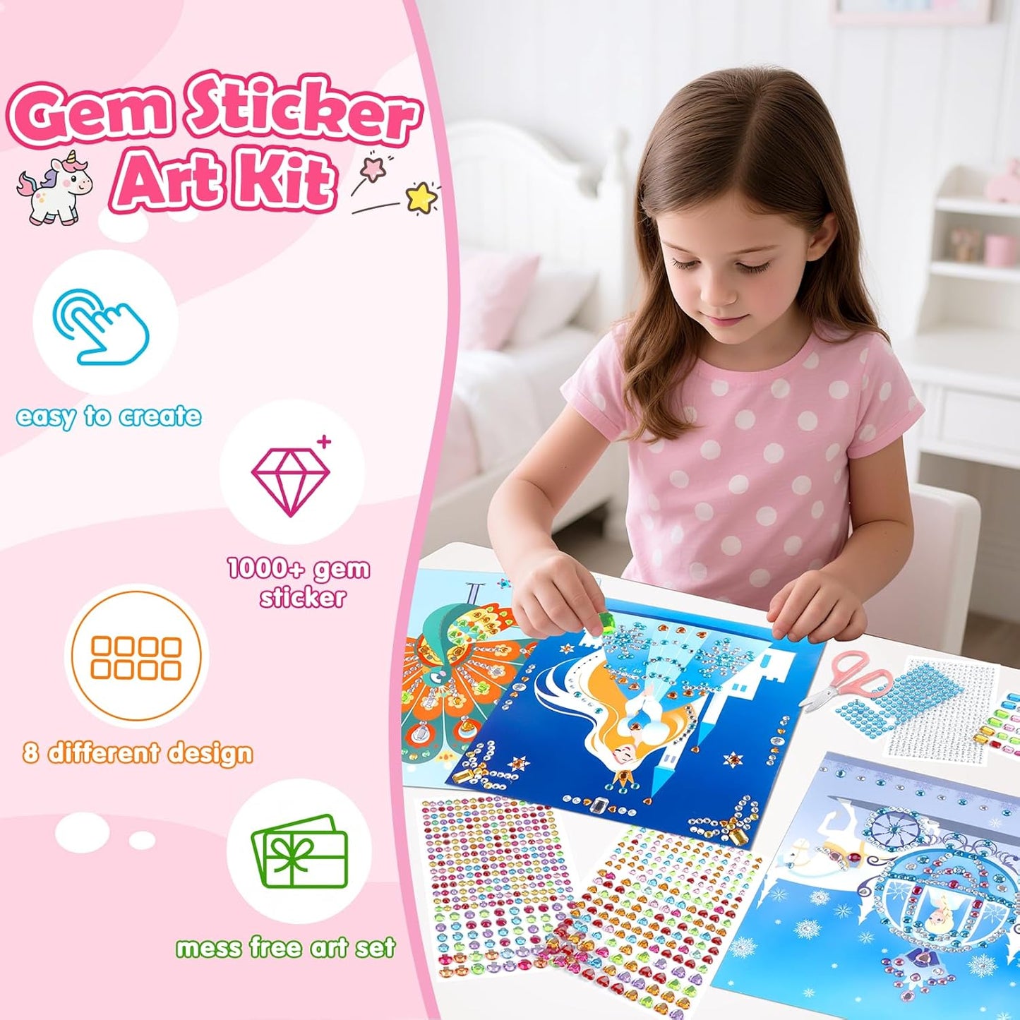 Gem Art Sticker Kit, Arts and Crafts for Kids Age 4-12, 8 Unicorn Princess Themes Diamond Art Kit, Gemstone Sticker Crafts Christmas Birthday Gifts for Girls Ages 4,5,6,7,8 Year Old (Pink-Unicorn)