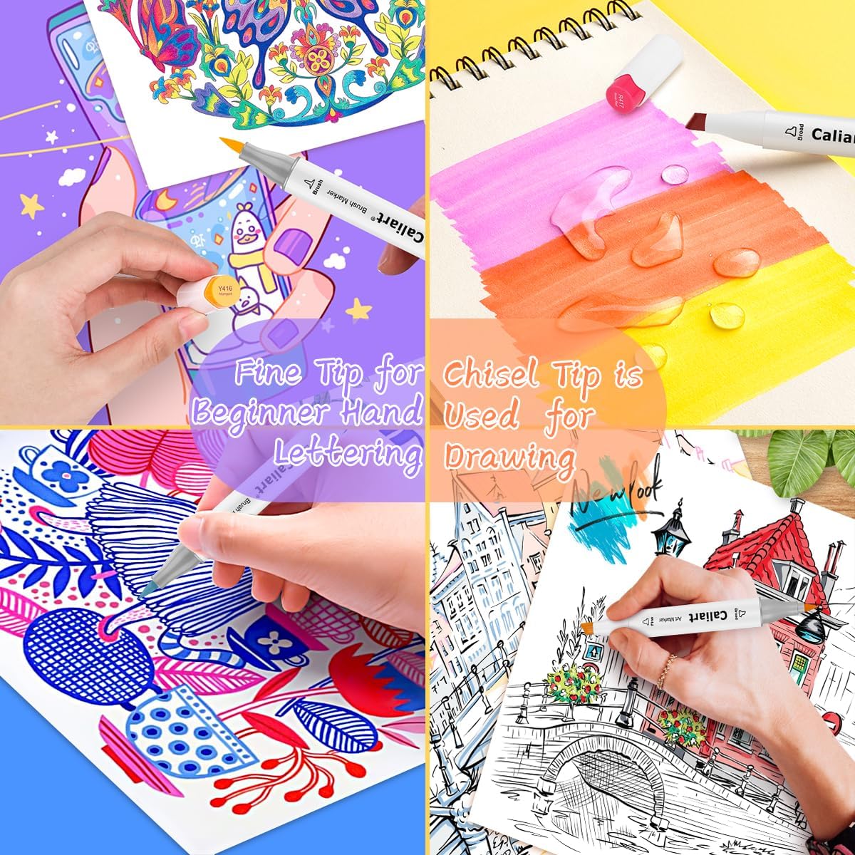 Caliart Alcohol Based Markers, 24 Colors Art Marker Set Fine & Chisel Dual Tip, Permanent Colored Pens for Adults Coloring Book Artists Illustration Sketch Lettering Drawing Cards Planner