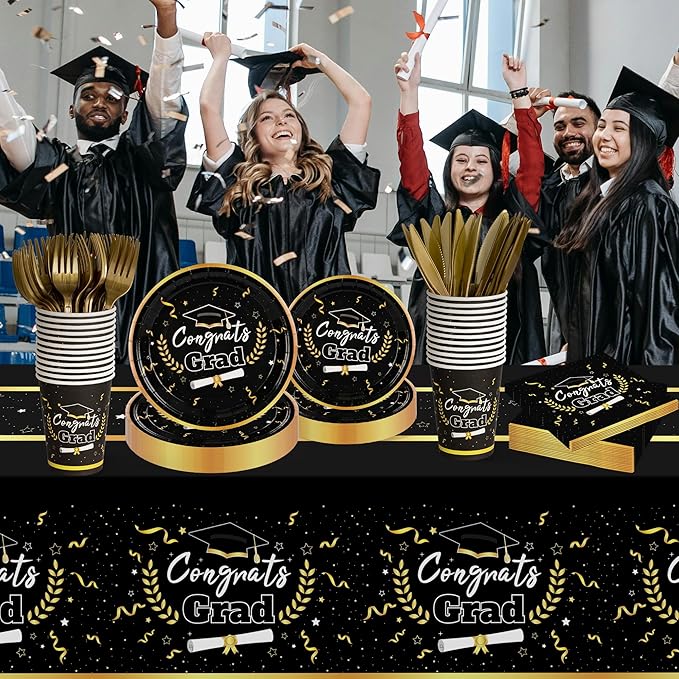 Graduation Decorations Class of 2026 Graduation Party Decorations,147 PCS Disposable Congrats Grad Tableware,Black and Gold Tablecloth Knives Fork Plates Napkin Cups for School,College,Party,Serve 24