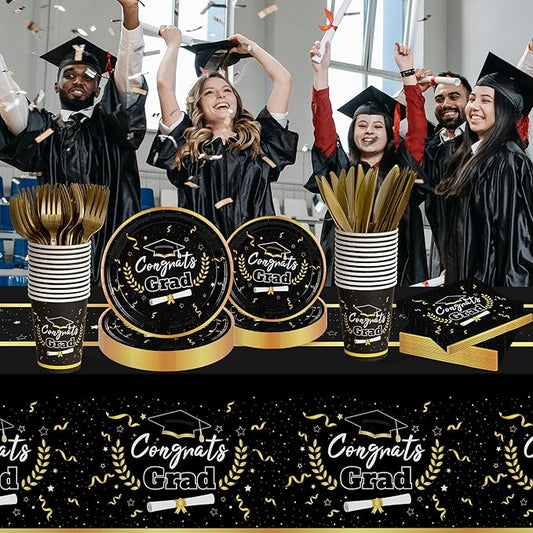 147 Pcs Graduation Party Supplies 2026 for 24 Guests | Black & Gold Disposable Tableware Set with Plates, Cups, Cutlery & Tablecloth