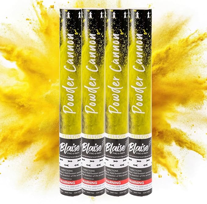 Blaise Pyro & Party - Yellow Powder Poppers - Water-Soluble & Colorful Powder Cannons for Gender Reveals, Birthdays, Weddings & Celebrations - Easy to Use for Memorable Photos - 16-Inch, 4-Pack