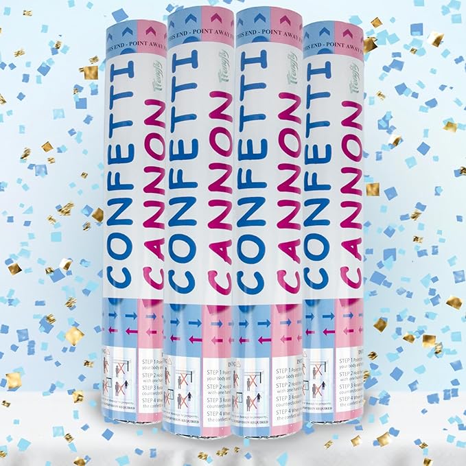 4 Pack Gender Reveal Confetti Cannon, 12 in Blue Square Shaped Paper Party Poppers Cannons, Confetti Poppers For Baby Boy Girl Gender Reveal Baby Showers (Square, Blue)