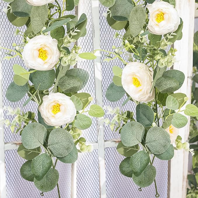 Artificial Eucalyptus Garland with Flowers White Roses 2PCS 11.8FT Faux Greenery Garland Fake Eucalyptus Leaves for Wedding Arch Farmhouse Mantle Table Runner Decor Centerpiece Home Party Decor