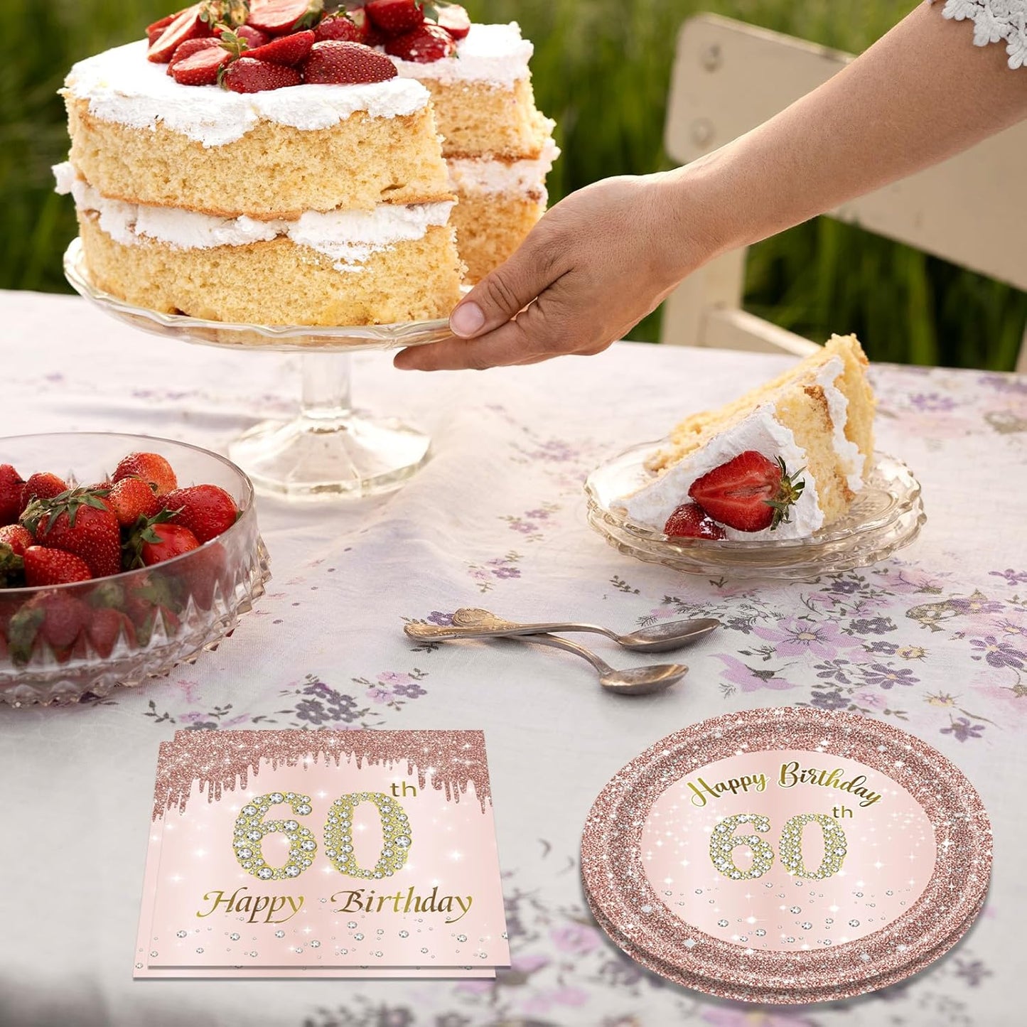 60th Birthday Decorations for Women, Rose Gold Sixty Year Old Party Supplies Include 20 Plates 20 Napkins, Pink 60 Aged Birthday Party Tableware