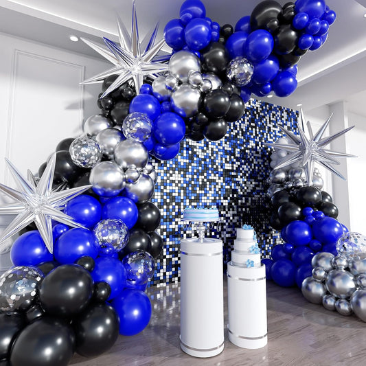 Blue and Black Balloon Arch Kit, 201Pcs Explosion Star Royal Blue Metallic Sliver Black Balloon Garland kit, Different Size Balloons for Anniversary Birthday Graduation Prom Party Decorations