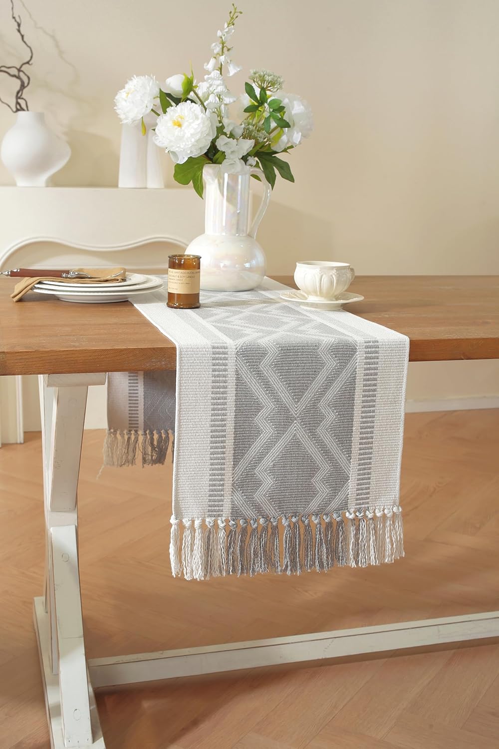 Boho Table Runner ， Natural Cotton Woven Gray Runner，for Modern Farmhouse Decor, with Tassels for Home Dining Table Decor 14 x 72 Inch Long
