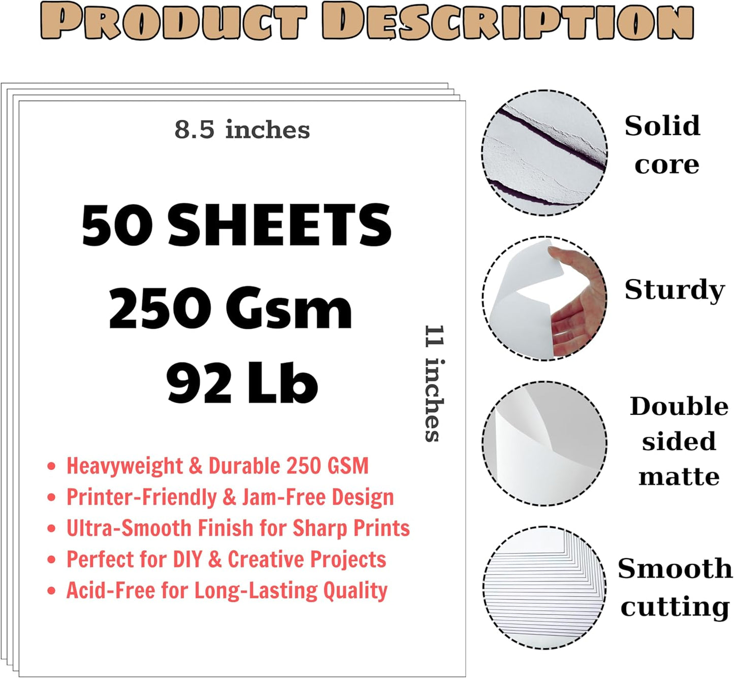 50 Sheets of White Cardstock 8.5 x 11, 250gsm - 92 LB Heavy Cover Cardstock for Printer, Thick Paper for Invitations, Scrapbooking, Business Cards, Crafts, Diy Cards, Decoration, Drawing, Certificate