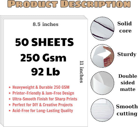 50 Sheets of White Cardstock 8.5 x 11, 250gsm - 92 LB Heavy Cover Cardstock for Printer, Thick Paper for Invitations, Scrapbooking, Business Cards, Crafts, Diy Cards, Decoration, Drawing, Certificate