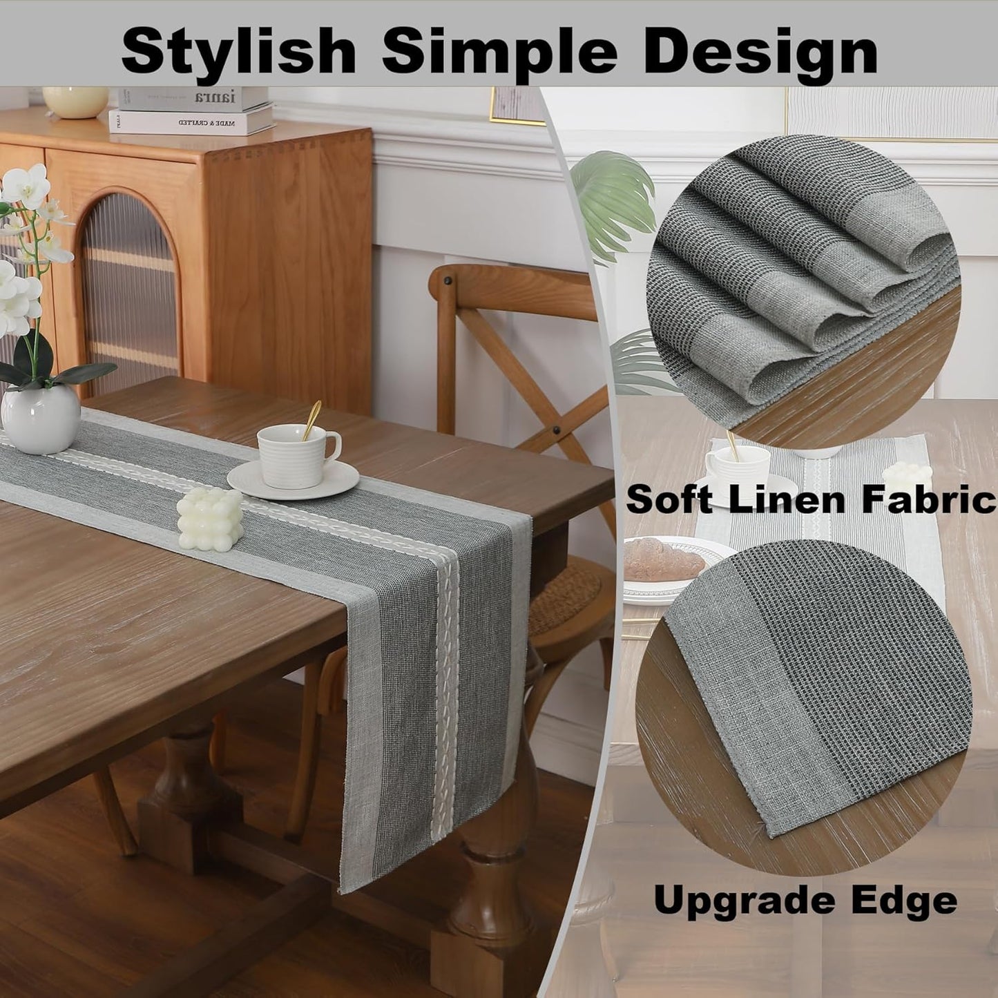 Gernaice 2PCS Boho Table Runner, Rustic Cotton Linen Farmhouse Table Runners for Dresser End Coffee Table Home Decor, 24" L X 13" W Grey