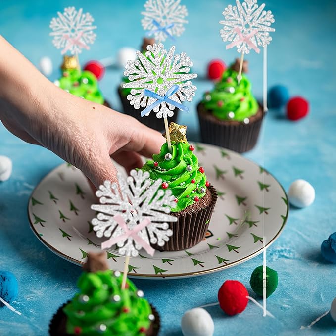24Pcs Snowflake Cupcake Toppers Glitter Snowflake Cupcake Picks Frozen Pink Blue Bow Snowflake Gender Reveal Cake Decors Baby Shower Gender Reveal Winter Theme Christmas Party Cake Decor Supplies