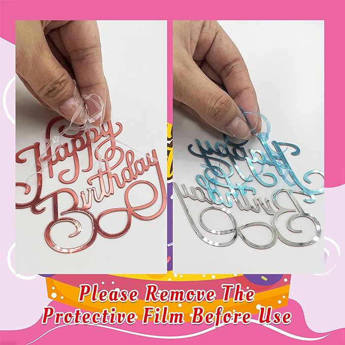 40 PCS Happy Birthday Cake Toppers Mirror Acrylic Toppers with 10 Styles 4 Colors for Birthday Party Cake Desserts Pastries